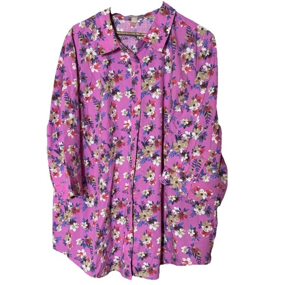 Woman Within Tops - Woman Within Fairy Purple Floral Button Up Top 26 28 Long Sleeve Collared